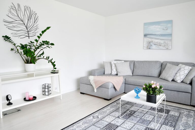 Skandynawski salon z szarą sofą i